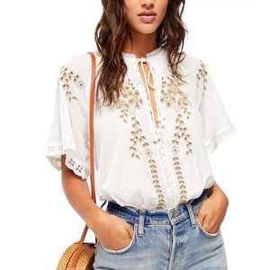 Free People Womens Medium Dahlia Embroidered Eyelet Blouse